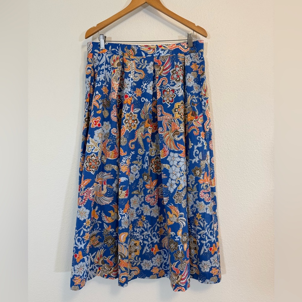 J McLaughlin Skirt 14 Midi Maxi Blue Floral Full Travel Pleated Long Pockets